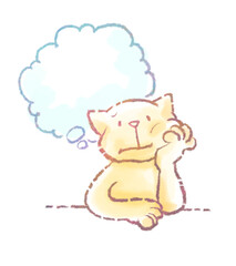 考え事をする猫のふんわり可愛い手描きイラスト
