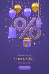 Sale banner design on purple background. Percentage symbol with shopping bag, price tag, gift box with golden bow, fly helium balloons and glitter confetti. Realistic 3D Vector illustration.