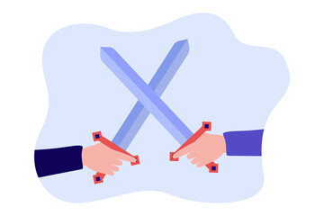 Business fight of two employees holding swords in hands. Persons crossing weapon in conflict flat vector illustration. Competition, dispute concept for banner, website design or landing web page