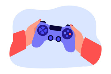 Gamers hands holding gamepad to play video game. Person with remote console gaming online flat vector illustration. Entertainment, device concept for banner, website design or landing web page
