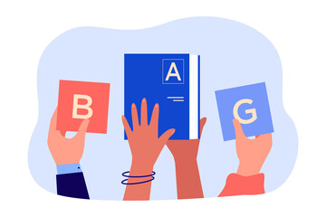 Hands holding cubes with letters of English alphabet and book. People learning language flat vector illustration. Education, study, knowledge concept for banner, website design or landing web page