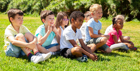 Fototapeta premium Group of elementary school children chatting on the green lawn. High quality photo