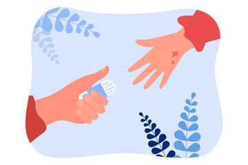 Hand holding out patch to cover scratch of injured person. Medical care for people with injury and wound flat vector illustration. Medicine, aid concept for banner, website design or landing web page