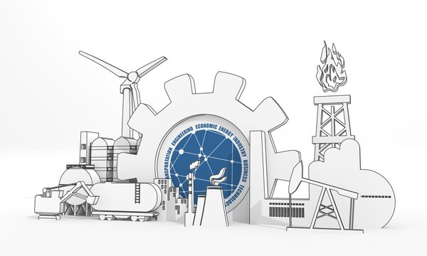 Energy and power industrial concept. Industrial icons and gear with keywords. 3D Render