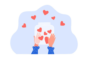 Hands of female volunteer holding donation jar with hearts. Help, love and care from generous person flat vector illustration. Solidarity, hope concept for banner, website design or landing web page