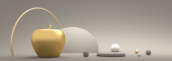 Abstract golden apple fruit model. 3D render