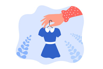 Female hand holding kids dress on hanger. Woman buying new cute stylish clothes for girl in shop flat vector illustration. Fashion, outfit concept for banner, website design or landing web page