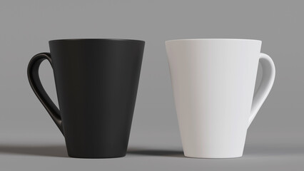 Black and White Mugs in grey background Mockup - 3D Render.