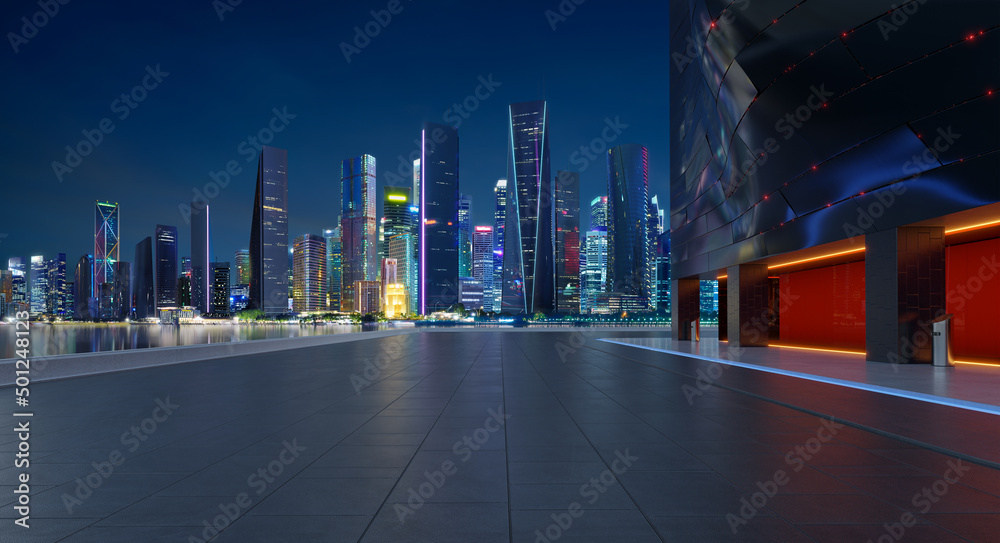Poster perspective view of empty floor with modern building