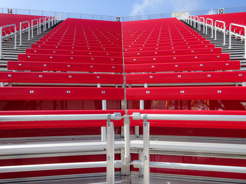 Interesting Mirror Image Perspective Of Outdoor Bleacher Seats Looking Up, At A Stadium Or Concert Venue.