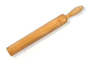 Wooden rolling pin for dough on a white background.