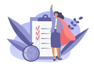 vector illustration in a flat style on the theme of achieving the goal. Woman in hero cape, stopwatch and plan with completed tasks