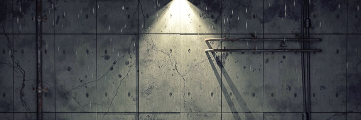 Old dirty cellar flooded from a pipe break. 3d rendering