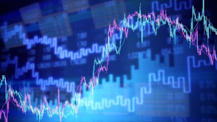 Stock trading, crypto currency concept. Indicator candlestick chart on screen, market volatility, up and down trend.
