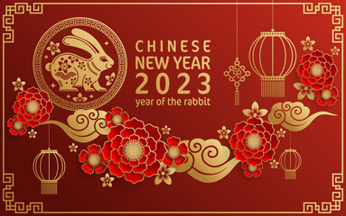 Obraz na płótnie Canvas Happy chinese new year 2023 year of the rabbit zodiac with on color Background. (Translation : Happy new year)