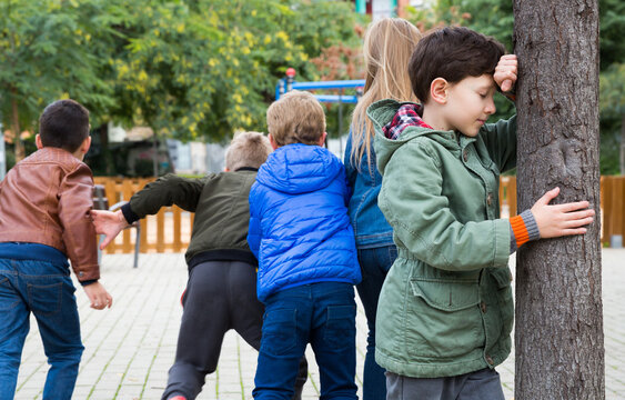 Children playing hide and seek outdoors. Boy standing near tree and counting while his friends hiding..