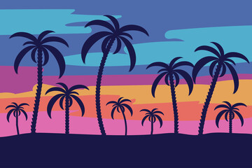 Silhouettes of palm trees against the backdrop of sunset