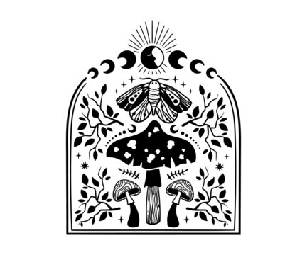 Mystical mushroom border clip art, magic hand drawn line mushrooms composition, amanita or fly agaric in a row, black and white vector