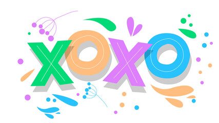 XOXO, abbreviation, Hugs and kisses, informal term used for expressing love. Word written with Children's font in cartoon style.