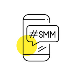 SMM hashtag message on a smartphone. Pixel perfect, editable stroke line icon
