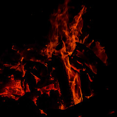 Fire flames on black background, Blaze fire flame texture background, Beautifully, the fire is burning, Fire flames with wood and cow dung bonfire