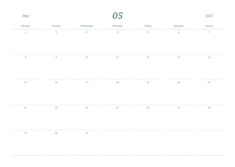 May 2022 simple design digital and printable calendar template illustration. Notes, scheduler, diary, calendar, memo, planner document template background. 