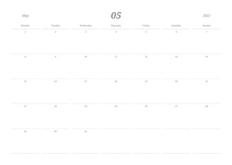 May 2022 simple design digital and printable calendar template illustration. Notes, scheduler, diary, calendar, memo, planner document template background. 