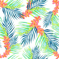 Watercolor vintage floral tropical seamless pattern, plumeria flowers and palm leaves on white background