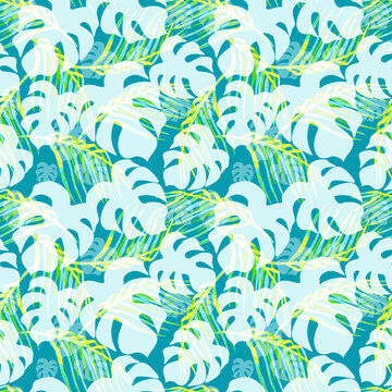 Tropical floral seamless pattern. Monstera leaf and palm leaves print