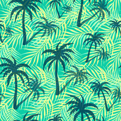 Palm trees seamless pattern, coconut palm leaves on green background, tree shadows
