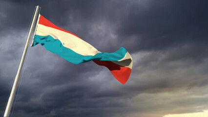 beautiful Luxembourg flag on heavy dark clouds bg - abstract 3D illustration