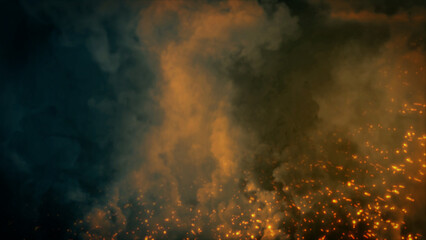 Dark war or battle actions bg with smoke sparks and fire - abstract 3D rendering - obrazy, fototapety, plakaty