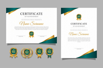 Fototapeta premium Green and gold certificate with badge and border a4 template