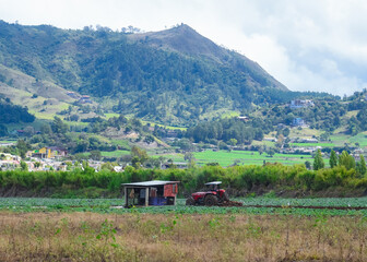 Naklejka premium Disparo de un granjero en siembra de tractores, sembrando cultivos agrícolas en el campo