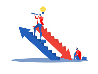 Obraz premium businessman leader standing on ladder growth to success with regress in business concept, Young sad businessman and happy businessman vector illustrator.