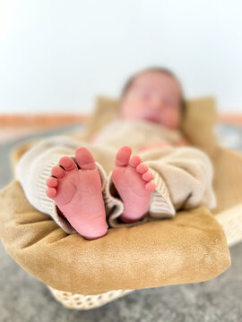 Newborn baby boy; feet, little toes: napping