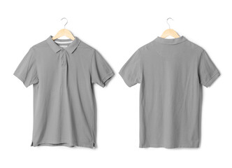 Realistic Grey polo shirt mockup hanging front and back view isolated on white background with clipping path.