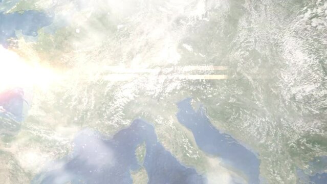 Earth zoom in from outer space to city. Zooming on Trento, Trentino, Italy. The animation continues by zoom out through clouds and atmosphere into space. Images from NASA