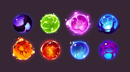 Magic spheres, energy balls with mystic glow, lightning and sparks. Vector cartoon set of color glowing orbs with light effect, liquid plasma and fire. Fantasy shiny circles for game design