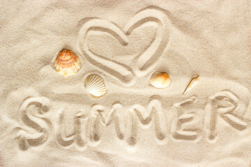 inscription summer on the sand with shells