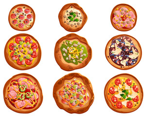 Set of pizza with different toppings on round base. Pepperoni, mushroom, margarita, vegetable, seafood and farm recipes, italian menu elements isolated on white background. Cartoon vector illustration
