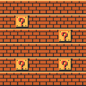 Brick wall. Eight-bit background with lucky blocks. Pixel pattern. Vector illustration