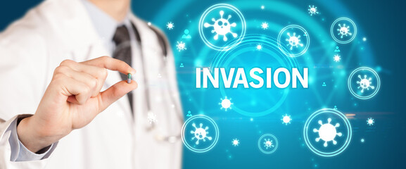 Doctor giving pill, virus concept