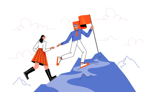 Business character leader help colleague climb rock top. Man and woman team on mountain peak with flag. Successful career, goal achievement, leadership, teamwork. Cartoon people vector illustration
