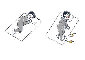 寝ている時に起こる悩みのセット　コミカルな手書きの人物　ベクター、温かみのある線画