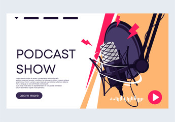 Vector illustration of a banner template for a website, a professional studio microphone for recording podcasts