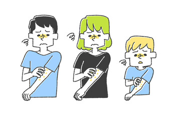 腕にできものができて痒い人々のセット　コミカルな手書きの人物　ベクター、温かみのある線画