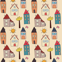 Childish naive seamless pattern with cute houses.