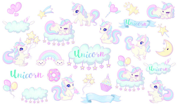 Cute unicorn vector set. Illustration of sweets, rainbow, frame, balloon, star and magic fantasy design with white background.