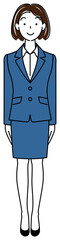 気を付けの姿勢で立っているスーツ姿の可愛い女性 全身 立ち姿 イラスト ベクター